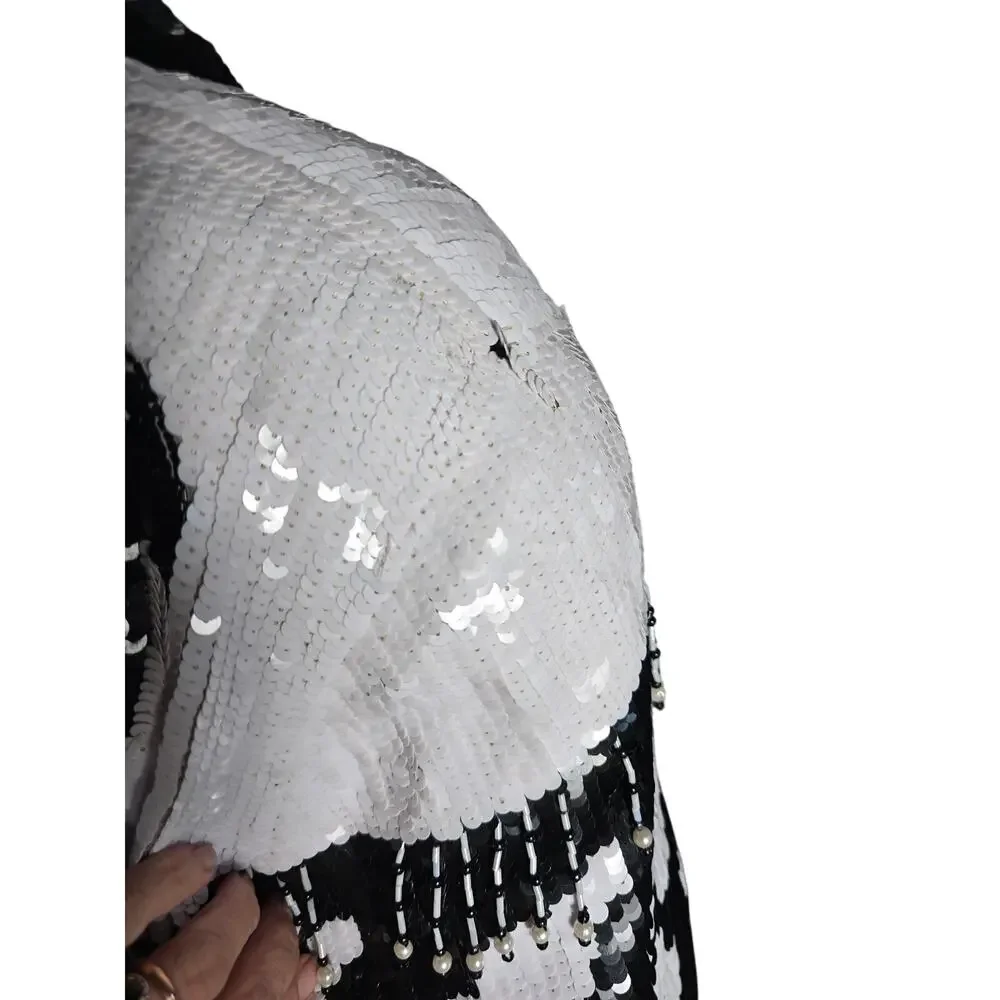 Vintage MODI Black White Silk Sequin Horse Western Fringe Art to Wear Jacket XL
